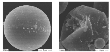 Hollow microspheres under normal pressure (left) and high pressure (right).